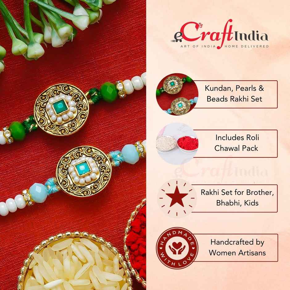 Kundan Pearls Beads Designer Rakhis for Bhai, Bhaiya, Bhabhi and Kids with Roli Chawal | Set of 2 | Abstract Rakhi | Ecraftindia