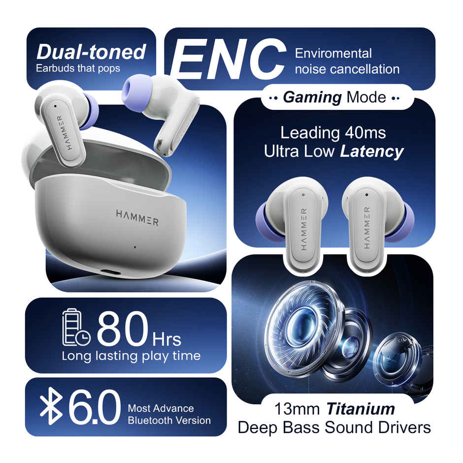 Hammer Airflow Neo TWS Earbuds | 80H Playtime | 13 mm Driver | Gaming Mode | Grey