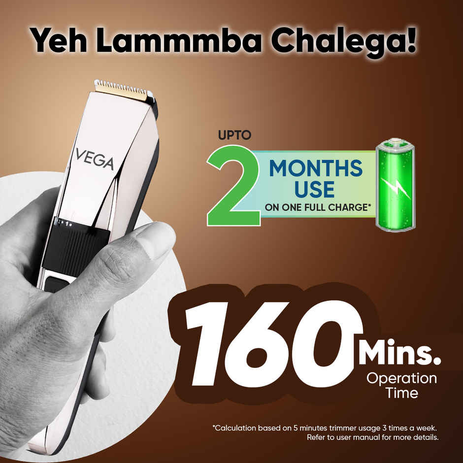 Vega P3 Battery Powered Trimmer for Men, USB C Type, 160 Mins Runtime & 2 Beard Comb, (VHTH-27)