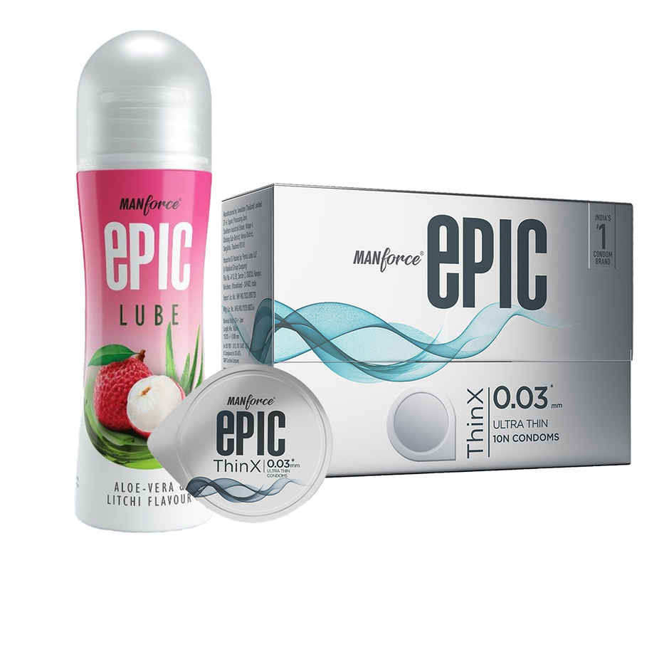 Manforce Epic Thinx Ultra Thin Condoms (10pc) & Manforce Epic Lube - Aloe-Vera & Litchi (60ml) Combo 