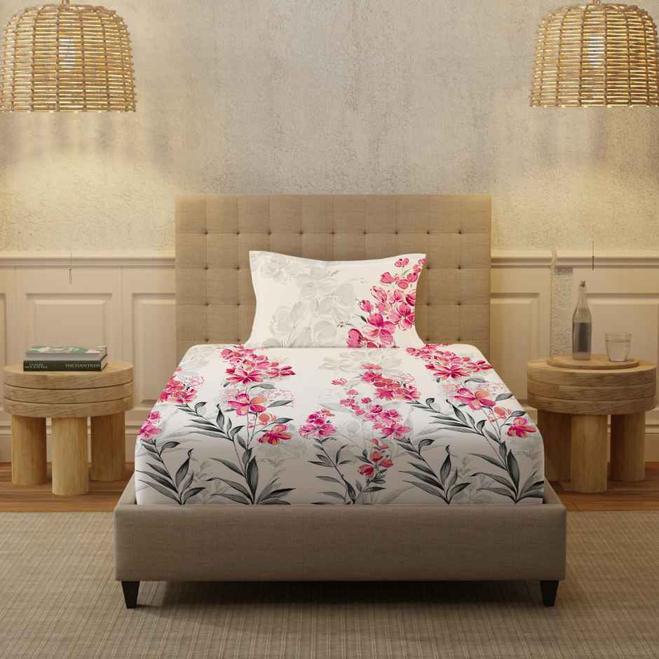 Urban Space 200 TC 100% Cotton Single Floral Bedsheet with 1 Pillow Cover | Pink | 90 x 58 in