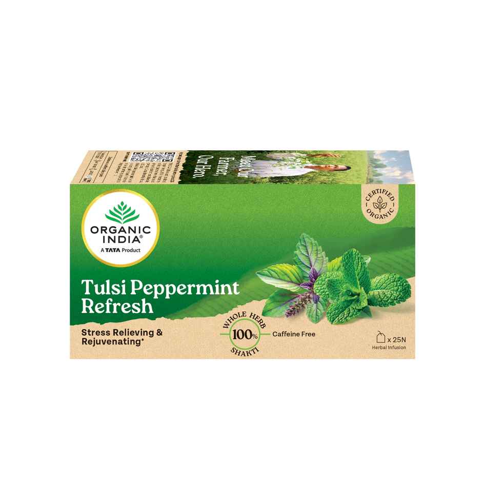 A TATA Product - Organic India Tulsi Peppermint 25 Tea Bags, Stress Relieving & Rejuvenating