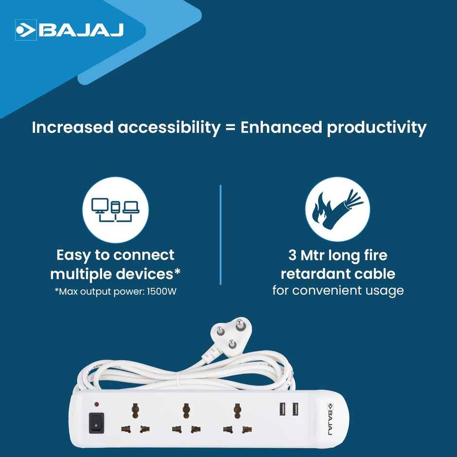 Bajaj 3-Way Spike Guard 3 Socket & 2 Usb 3 Socket Extension Boards