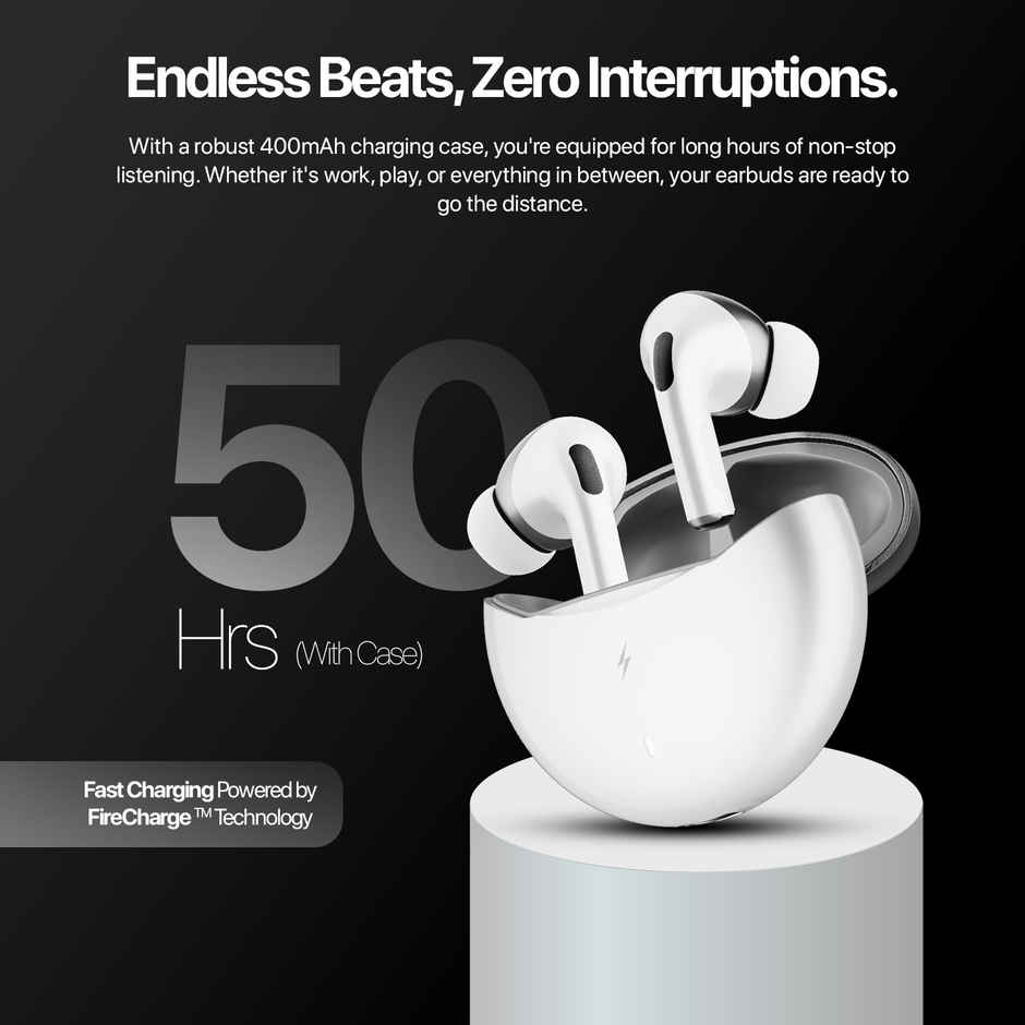 Fire-Boltt Fire Pods Aero Pro TWS Earbud with Custom EQ Profile, Quad Mic ENC & 50H Playtime, Ultra Low 50ms Game Mode, Pearl