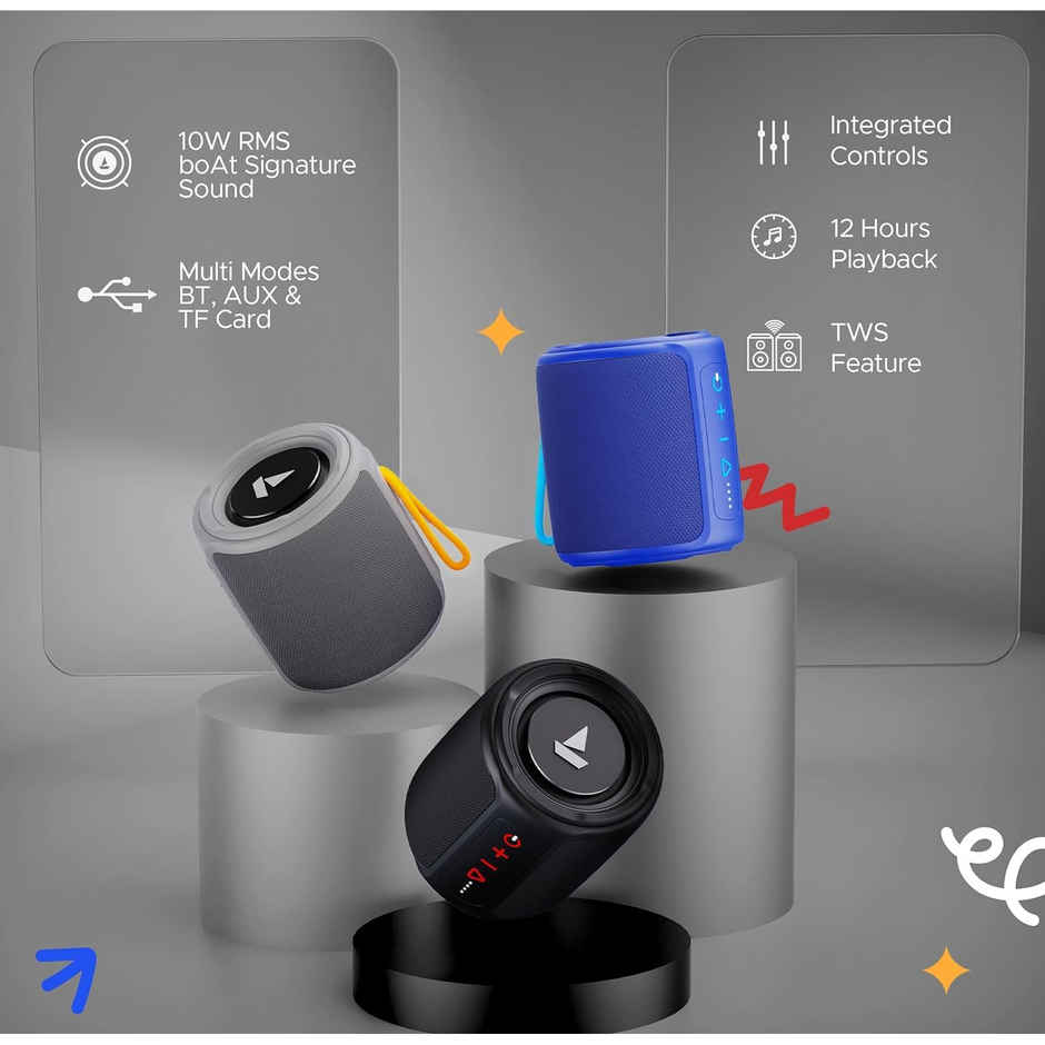 boAt Stone 352 Bluetooth Speaker with 10W RMS Stereo Sound, IPX7 Water Resistance, TWS Feature, Up to 12H Total Playtime, Multi-Compatibility Modes, Free Music Streaming on JioSaavn - Groovy Grey