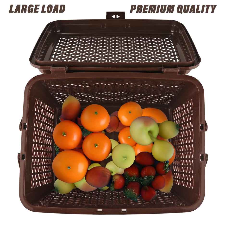 Kuber Industries Plastic Storage Basket with Handles & Lid 30x41x28 cm | Big Bin | Brown