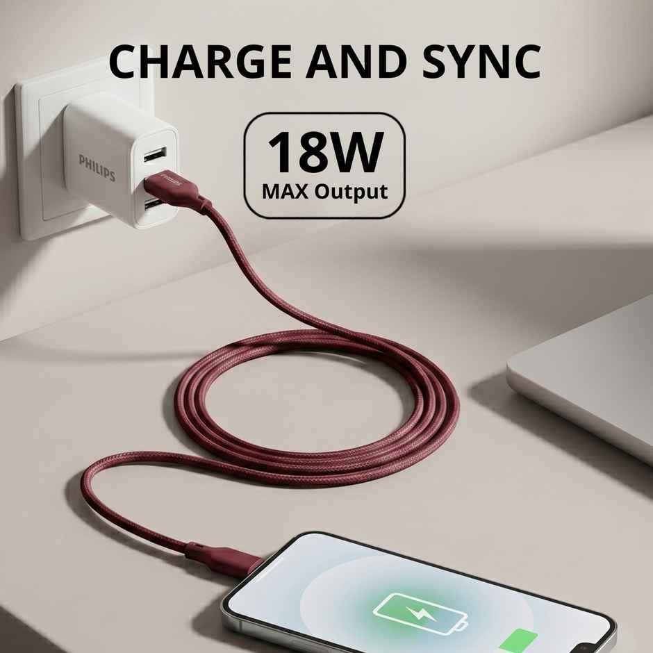 Philips 18W USB A to Type C Fast Charging Cable | DLC4130AI94 | Iron Red | 1 m