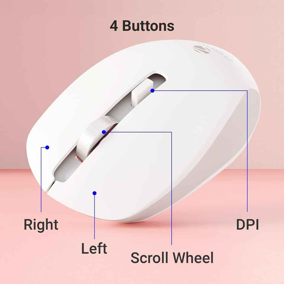 Zeb-Jaguar Wireless Mouse, 2.4Ghz With Usb Nano Receiver, High Precision 4 Buttons (White+Grey)