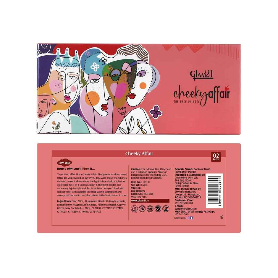 Glam21 Cheeky Affair the Face Palette | Palette 3 in 1 Contour, Blush & Highlight Palette-perky
