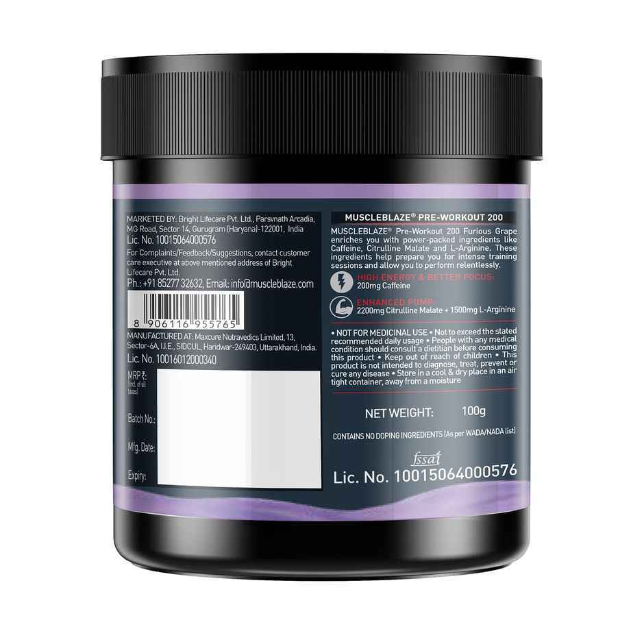 MuscleBlaze Pre Workout 200, (Furious Grape, 20 Servings)