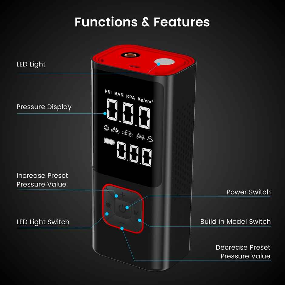 Portronics Vayu 2.0 Rechargeable Tyre Inflator with 150 PSI Pressure, 6000 mAh Battery, (Black)