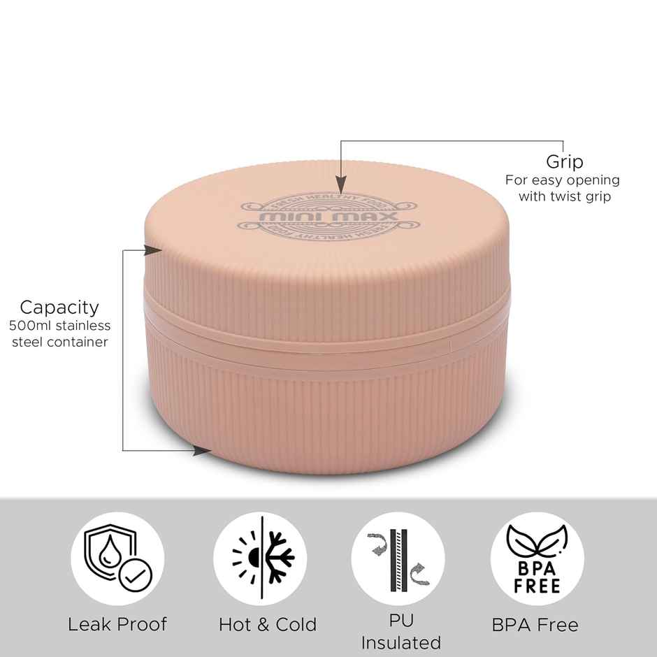JAYPEE Mini Max Sr. Lunch box, Inner stainless Steel with Plastic Dish Inside | Peach - 500 ml