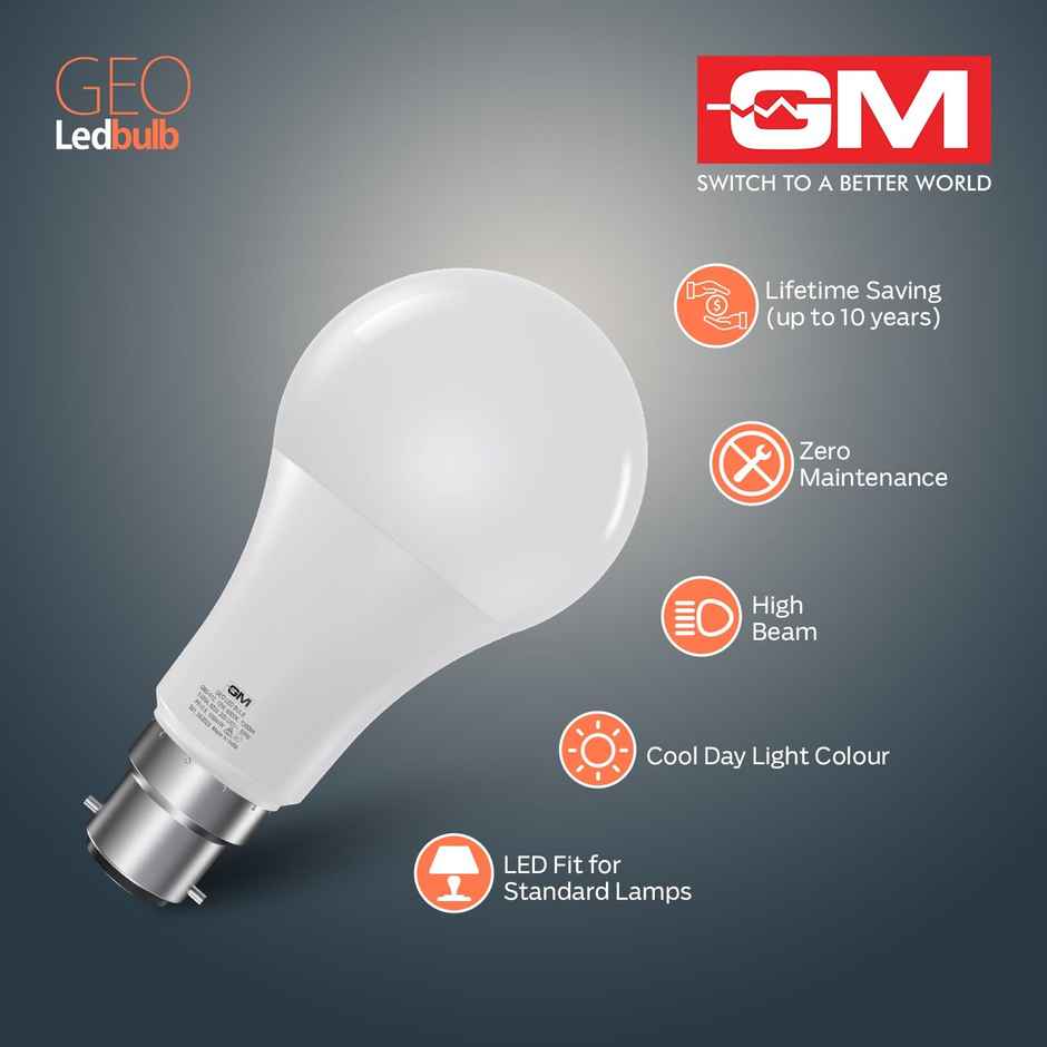 Gm Geo 18 Watt Led Bulb, 6500K White Cool Day Light Bulb | B22 Base Holder