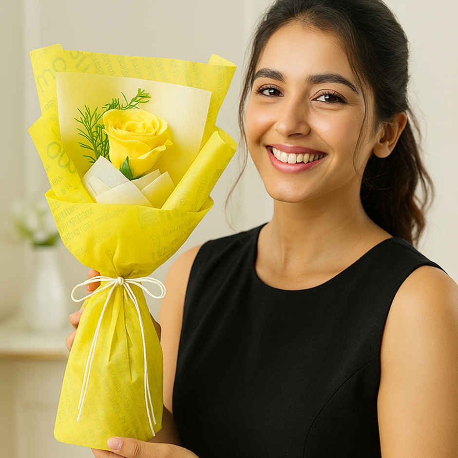 Fnp Friendship Day Yellow Rose Bouquet (1pc) & Mad Over Print Silicone Friendship Band (1pc) Combo