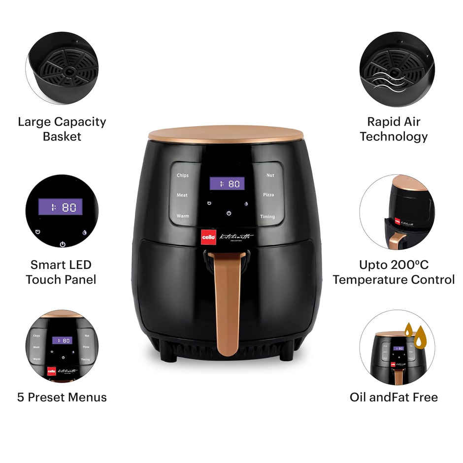 Cello Smart Digital Air Fryer 1400W, 4.5 Liter | Uses Up To 90% Less Fat | Smart Touch Panel |Black