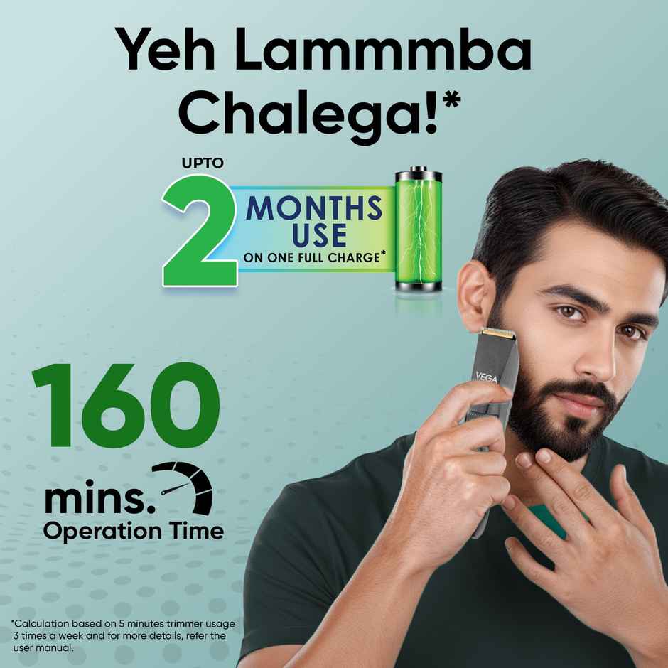 VEGA P-2 Beard Trimmer for Men with 160 Min Runtime, 2 Comb Attachment, Type-C Fast Charging VHTH-26
