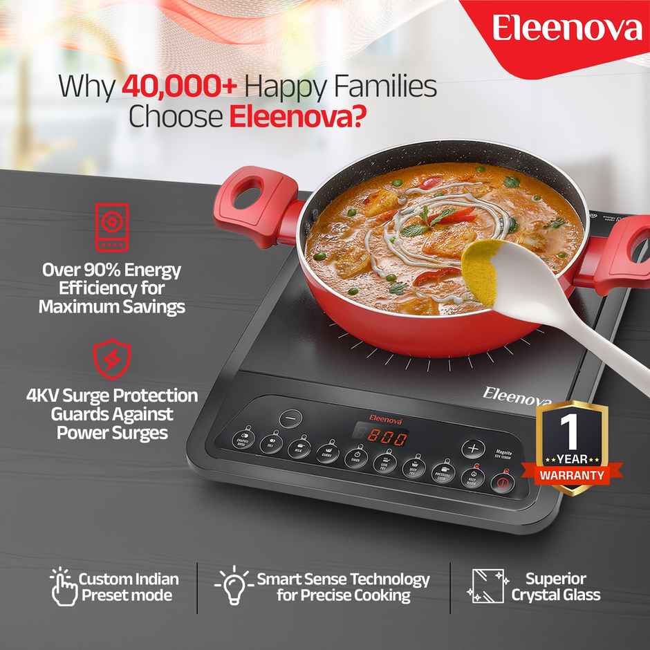 Eleenova Magnite 1200 W Induction-BIS-Safe, Fast-Heat Crystal Glass with Indian Presets
