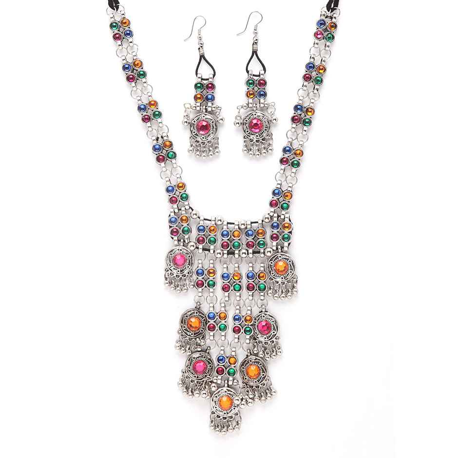 Shining Diva Fashion Stylish Traditional Oxidised Silver Necklace Jewellery Set for Women | 13110s