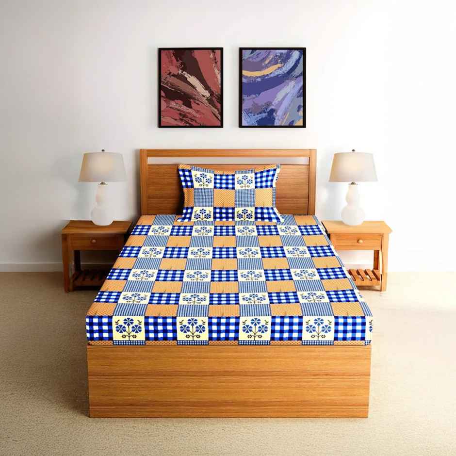 Capsicum Glaze Cotton 95 GSM Single Bedsheet with 1 Pillow Cover D4057 Portion Blue Floral