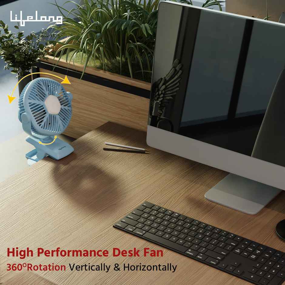 Lifelong 125mm Rechargable Fan with Clip & LED Light|Portable Fan, USB Fan, Mini Fan, Table Fan, Small Fan, Car Fan, Kitchen Fan|5hr Battery Back-up, 3 Speed Settings, Low Noise, Energy Efficient - Blue