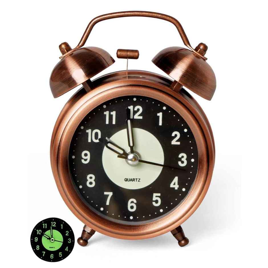 Perpetual Alarm Analog Clock | Non-Ticking Quartz with Backlight | Vintage Neon Copper - 11.4 cm