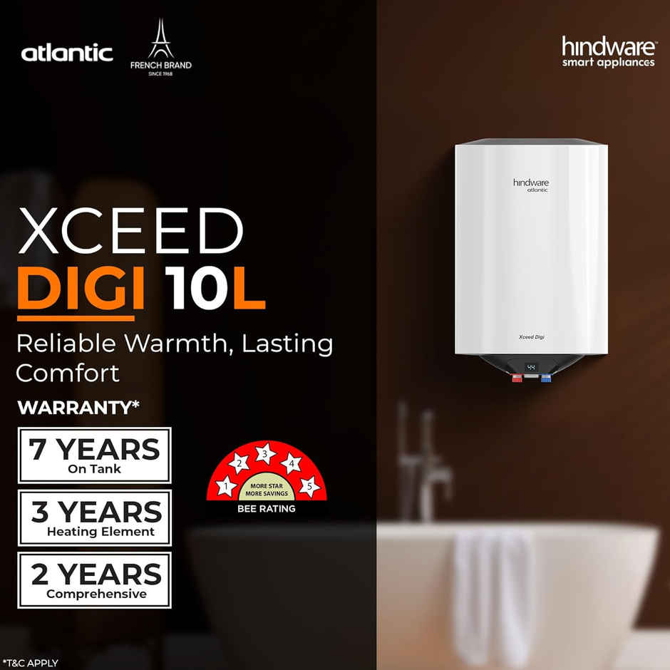 Hindware Smart Appliances Xceed Digi 10L, 2Kw, Glasslined Coated Tank, Storage Water Heater, White