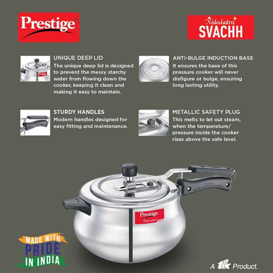 Prestige Nakshatra Plus Svachh Aluminium Pressure Cooker Handi 5Ltr,Ind Base,Spillage Control,Silver