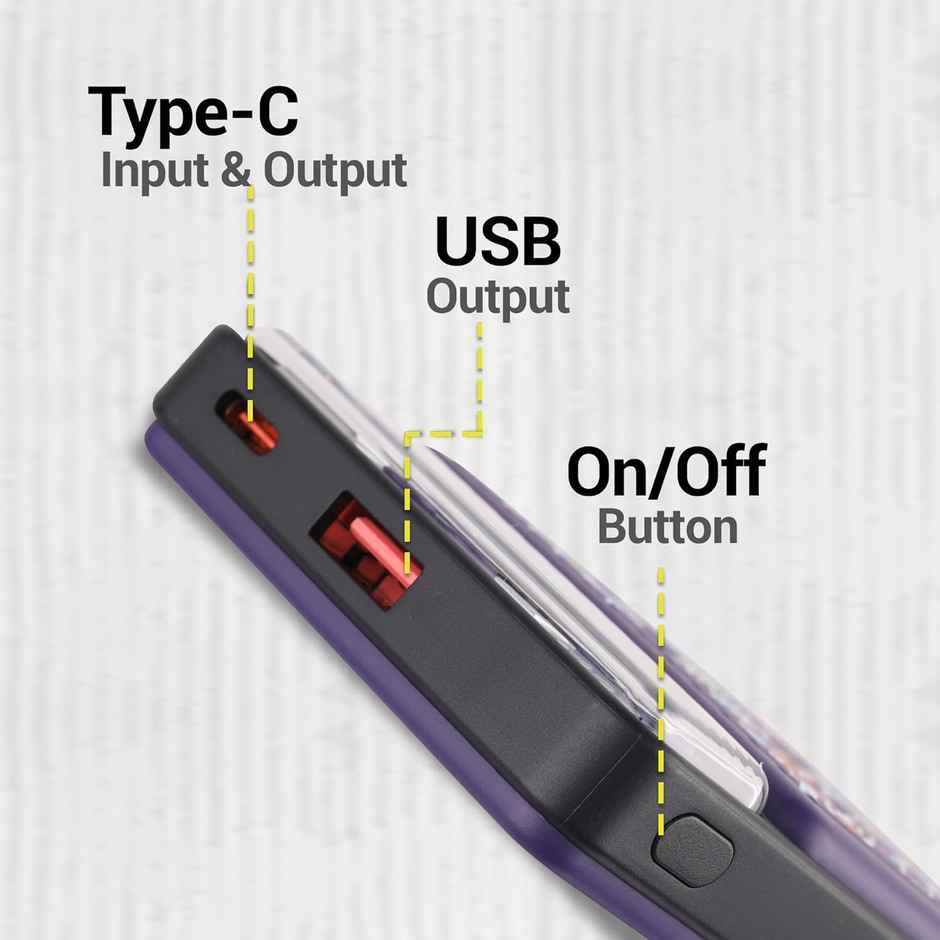 Zebronics MW65 Wireless Power Bank, 10000 mAh, Rapid Charge, Wireless Charging Pad, Type C PD (FUN PURPLE)