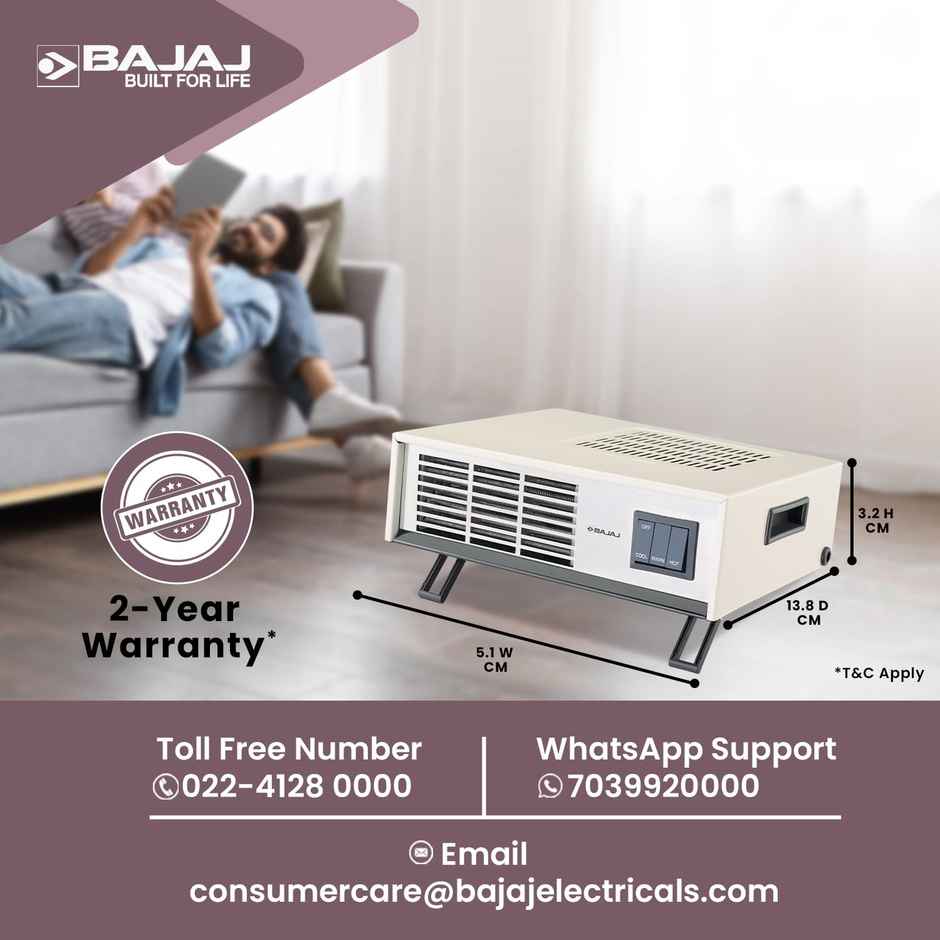 Bajaj Blow Hot Portable Room Heater,2 Heat Settings-1000 Watt/ 2000 Watt|White