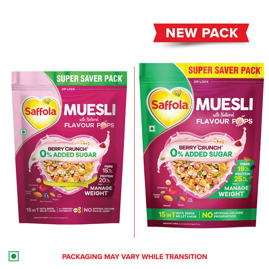 Saffola Muesli 0% Added Sugar Berry Crunch with Flavour Pops, 25% Protein & 19% Fibre of RDA