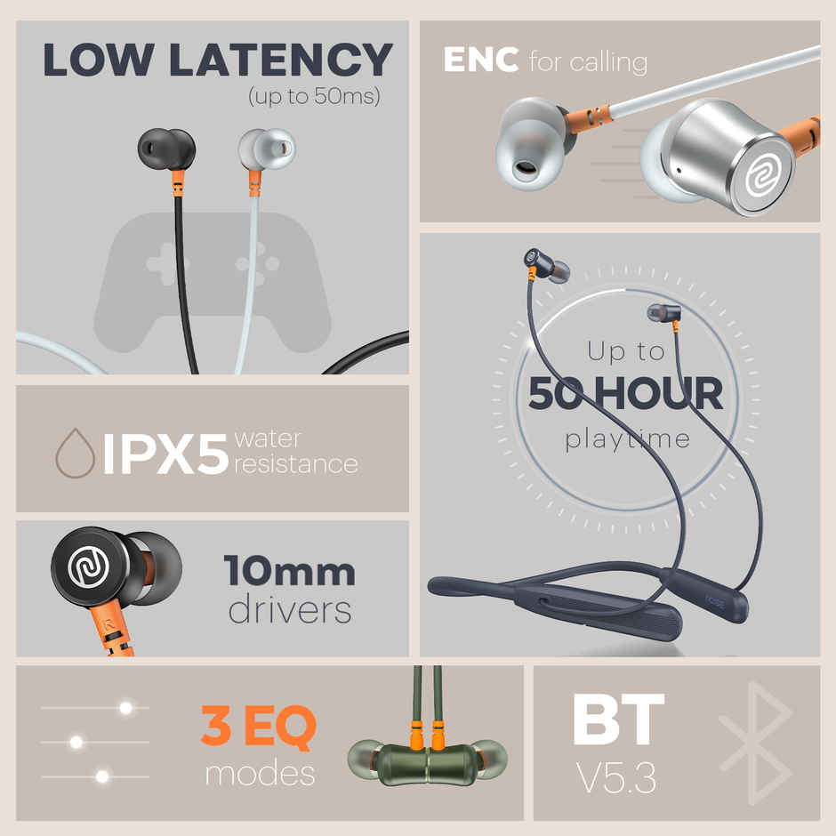 Noise Airwave 50H Battery ENC Low Latency-Upto 50ms 10mm Driver BTv5.3 Neckband | Ice Blue