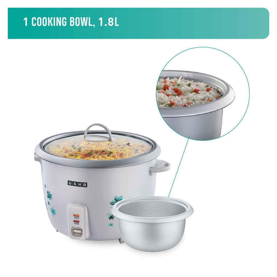 Usha Rice Cooker 1.8L (700W, Keep Warm Mode, Tempered Glass Lid, Dry Boil Protection, White)