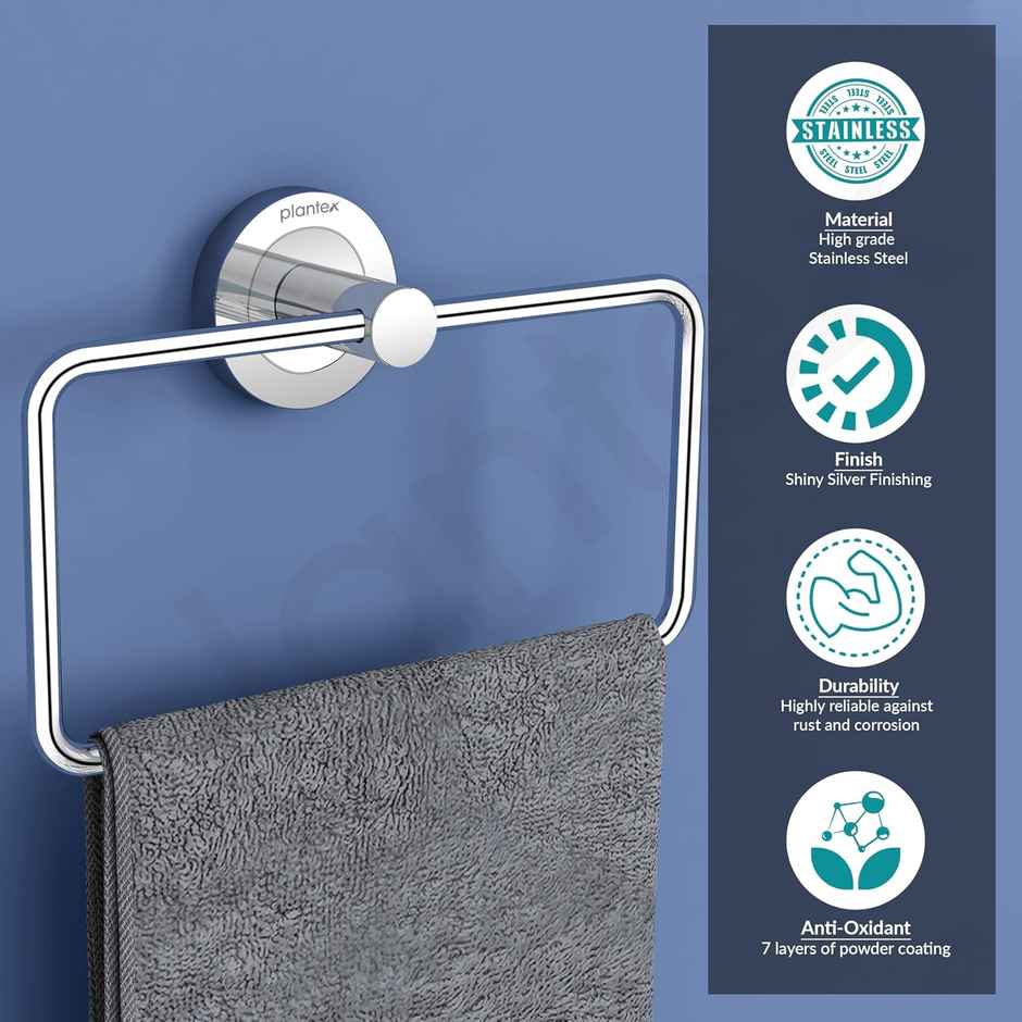 Plantex Rectangular Stainless Steel Towel Ring for Bathroom and Wash Basin - Chrome Finish