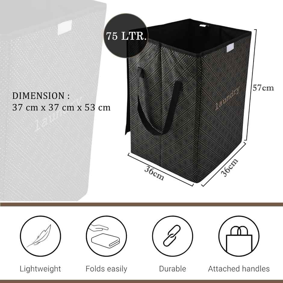 Kuber Industries | 75 L | Golden Dot Foldable Laundry Basket | Lid & Handles | Black