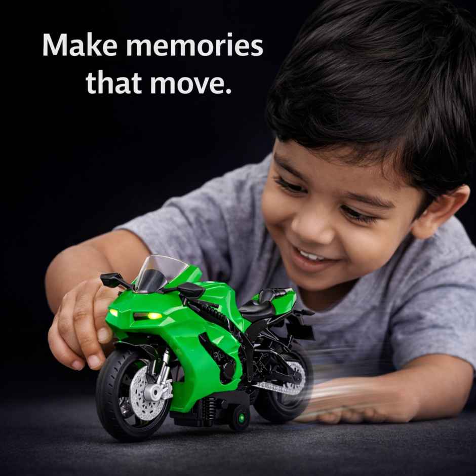 Race n Roll Light & Sound Bolt Racer Bike Toy Pull back Action Green