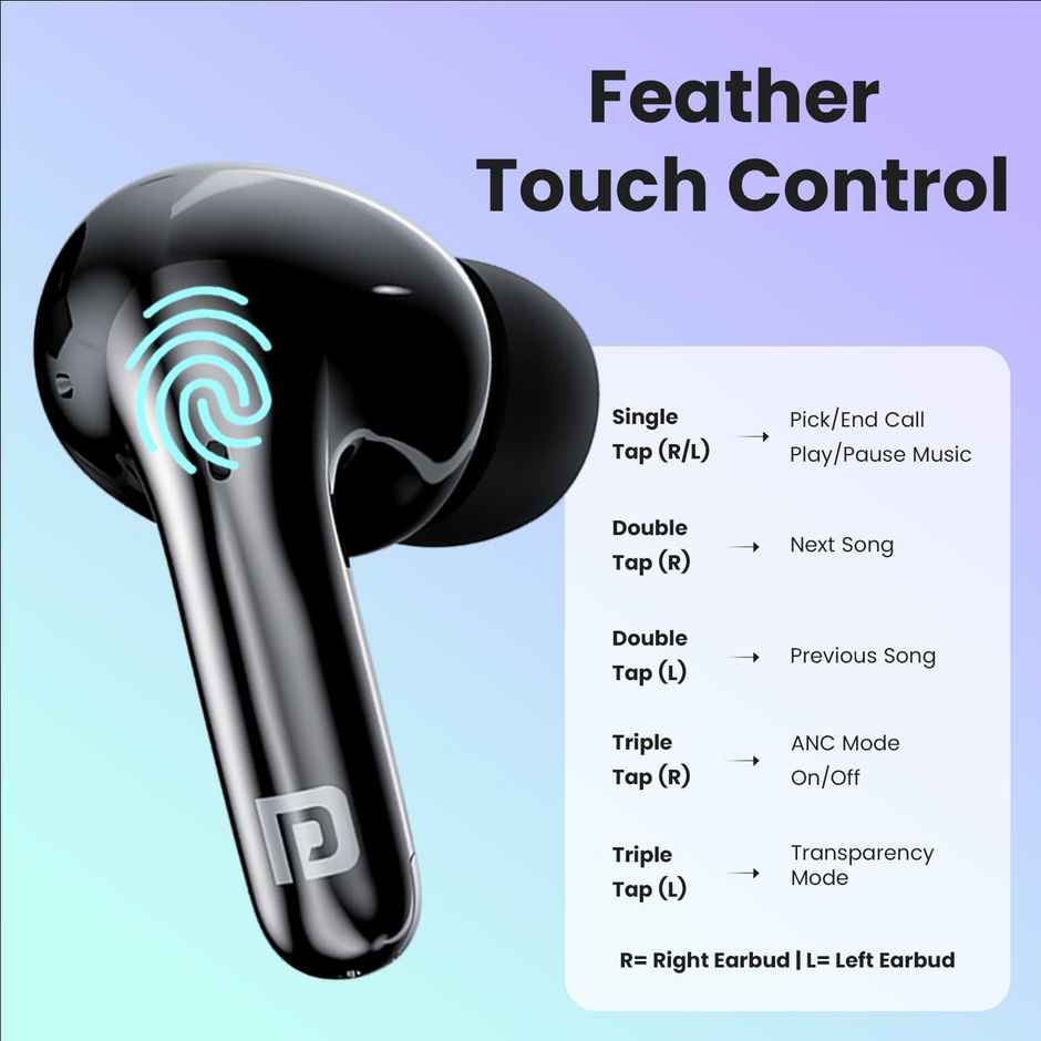 Portronics Harmonics Twins 28 ANC TWS in Ear Earbuds with Smart Touch Control, 50 Hours Playback, Quad Mic ENC, Low Latency, 13mm Dynamic Driver, IPX 5 Water Resistant, Fast Type C Charging - Black