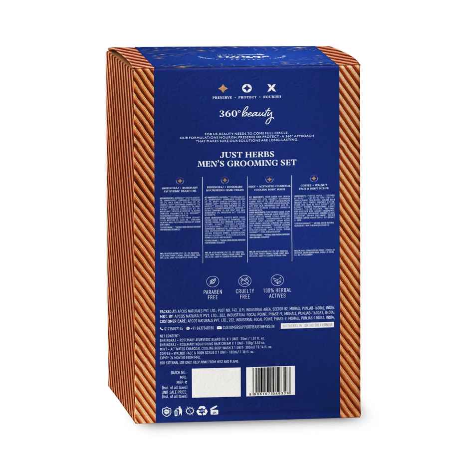 Just Herbs Men's Grooming Kit: Beard Oil, Nourishing Hair Cream, Charcoal Body Wash & Coffee Scrub