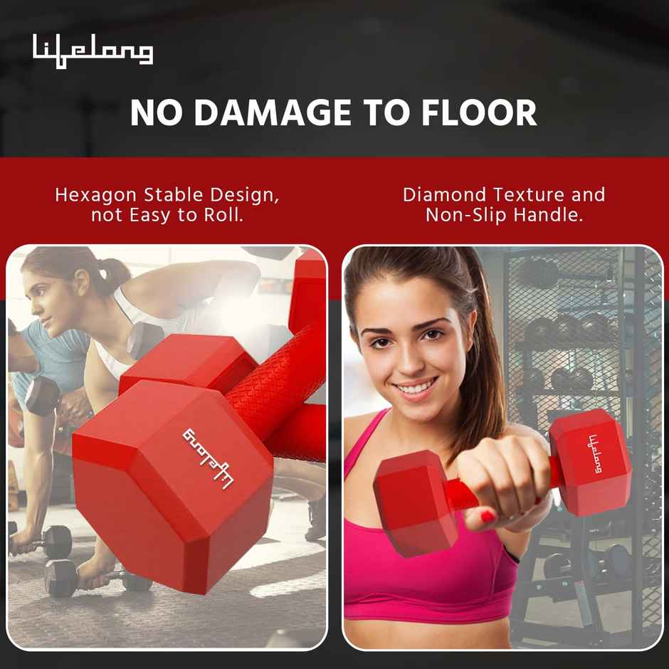 Lifelong PVC Hex Fixed Dumbbells | 2 kg | Red Color | Home Gym | Fitness Barbell | Home Workout