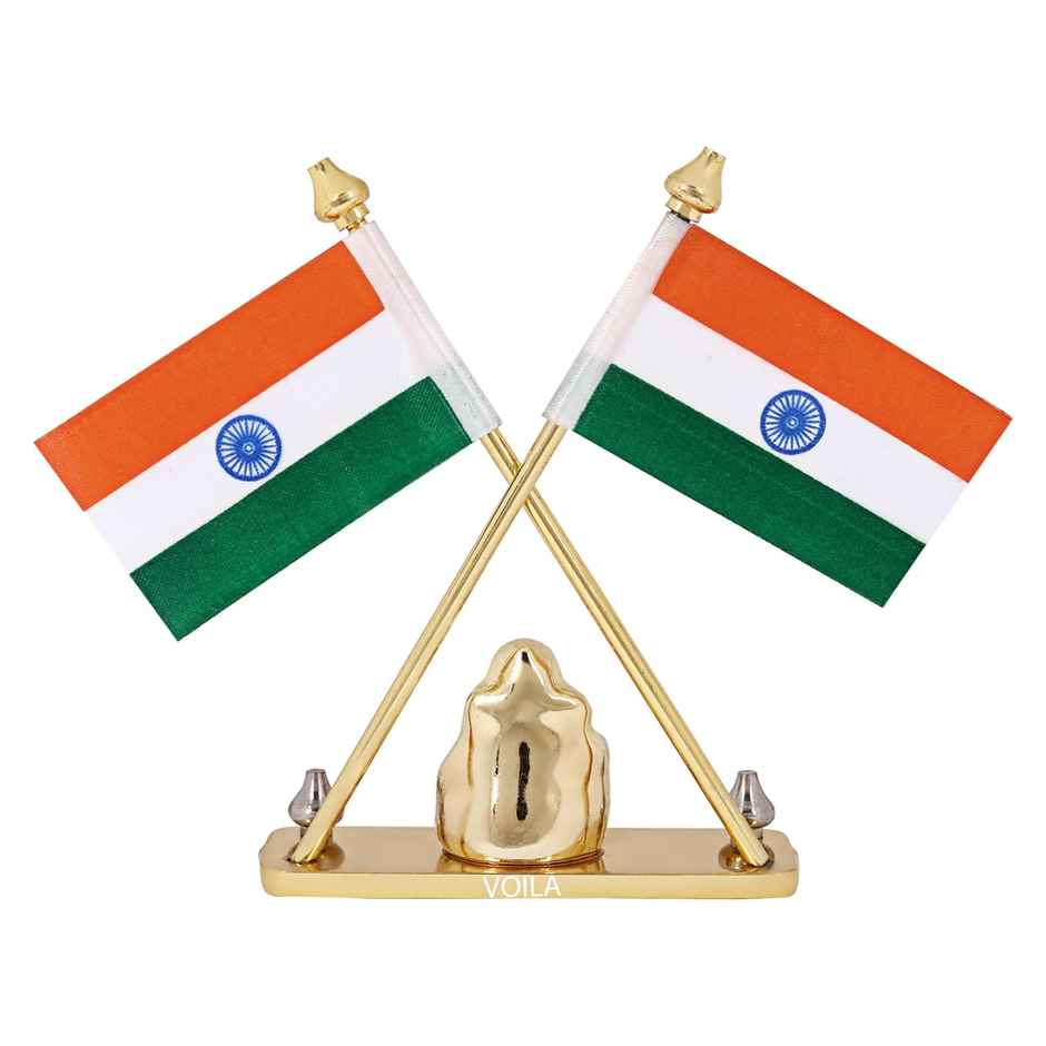 Voila Pair Indian Flag With Lord Ganesha Idol For Car Dashboard - Brass Metal Stand
