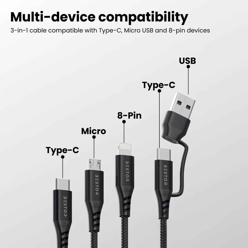 Bestor 60W USB C Multi Fast Charging Cable Nylon Braided Cord 5-in-1 3A USB/C to Type C/Micro/Phone Fast Sync Charger Cable Compatible with Laptop/Tablet/Phone (1.5 M) - Black