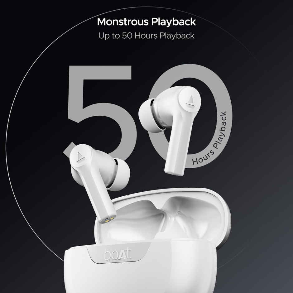 boAt Airdopes 300 TWS in Ear Earbuds with mic Cinematic Spatial Audio, 50HRS Battery, 4Mic AI ENx, Fast Charge, App Support, Low Latency, IPX4, v5.3 Bluetooth - Chrome White