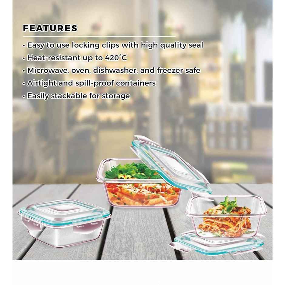 Signoraware Lock N Store Square Borosilicate Glass Container | 320 ml + 520 ml + 800 ml |Transparent