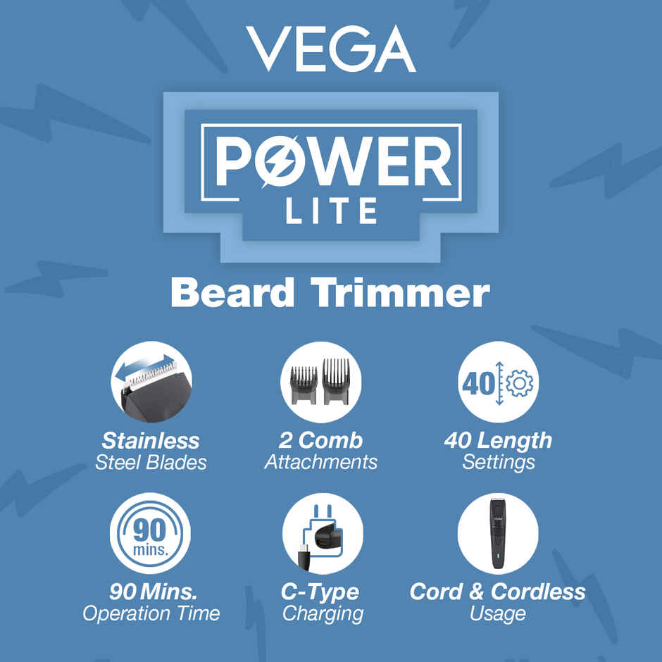 Vega Beard Trimmer for Men with 90 Mins Runtime & 2 Comb Attachment, USB Type C (Power Lite VHTH-38)