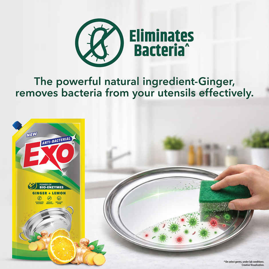 Exo Ginger & Lemon Anti Bacterial Dishwash Liquid | Tough Grease Removal with Power of Bio-Enzymes