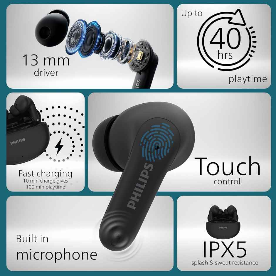 Philips TAT1269 TWS Earbuds | 13 mm Drivers | BT 5.4 | 40H Playtime | IPX5 | Fast Charge | Black