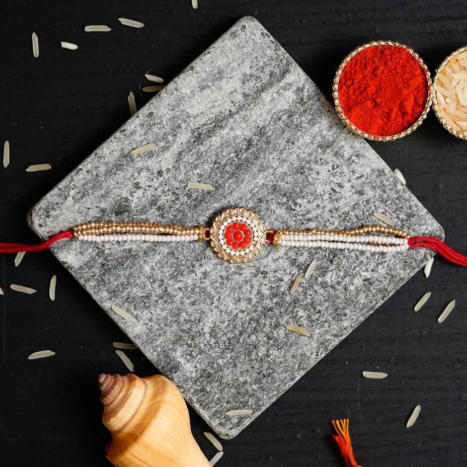 Kundan Red, White & Golden Kundan Pearl Designer Rakhi & Roli Chawal Pack (eCraftIndia)