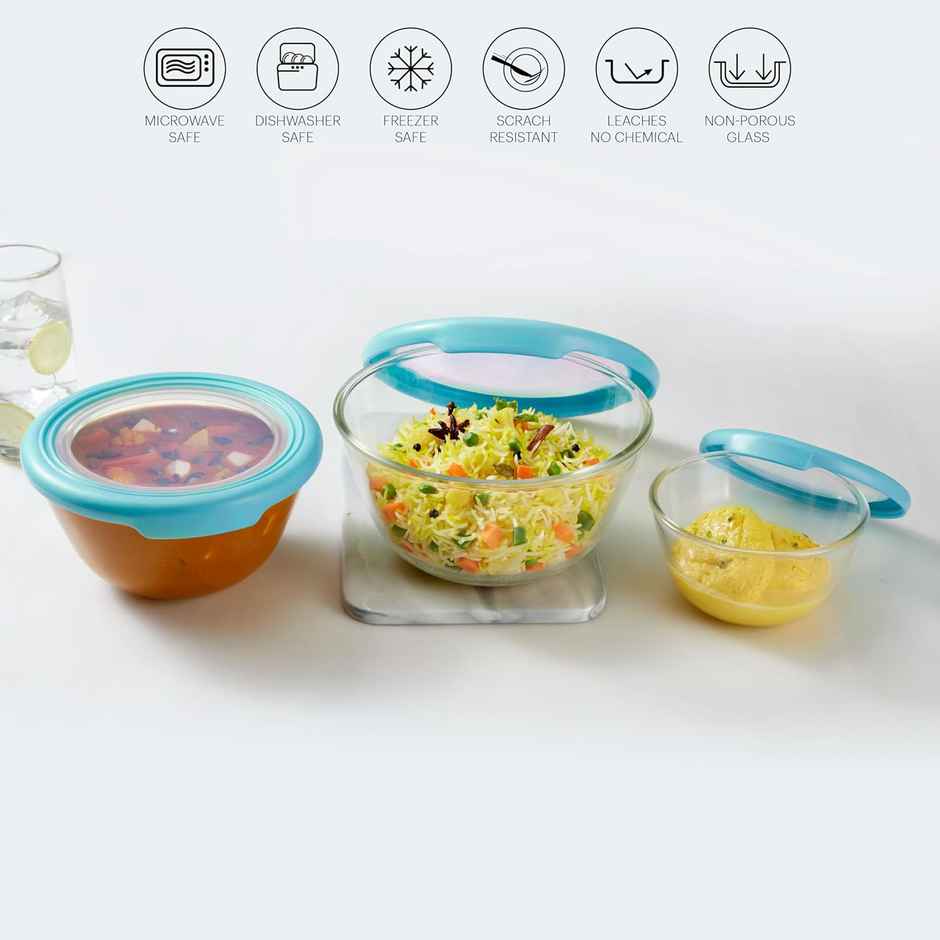 Cello Ornella Toughened Glass Mixing Bowl With Premium Lid Microwave Safe & Dishwasher Set Of 3
