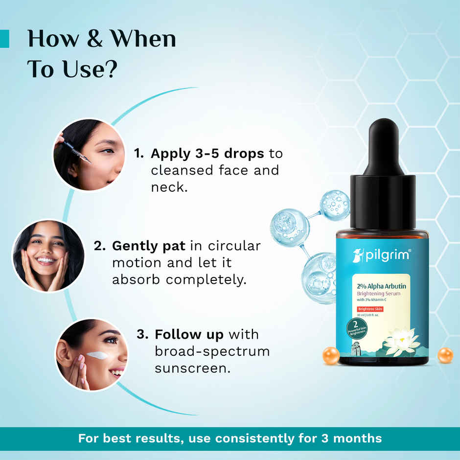 Pilgrim Brightening Skin Face Serum with 2% Alpha Arbutin & 3% Vitamin C for Pigmentation & Glow