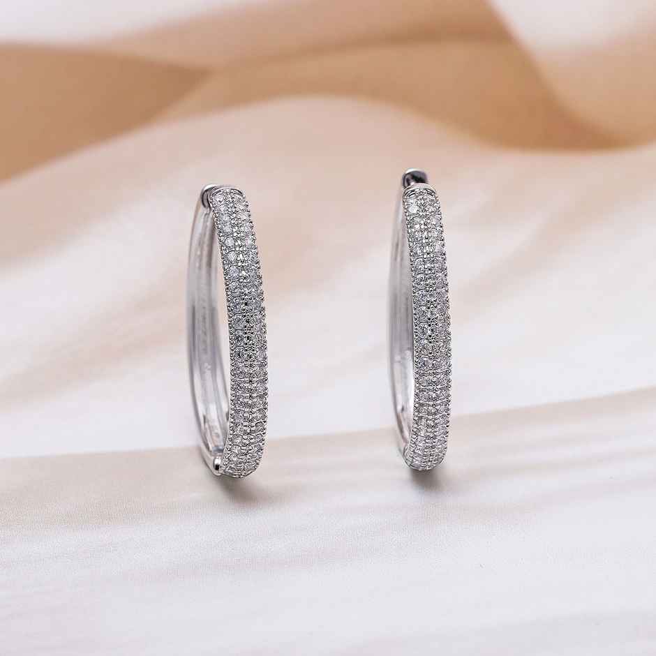 Rubans Rhodium Plated Sparkling Cubic Zirconia Studded Hoop Earrings