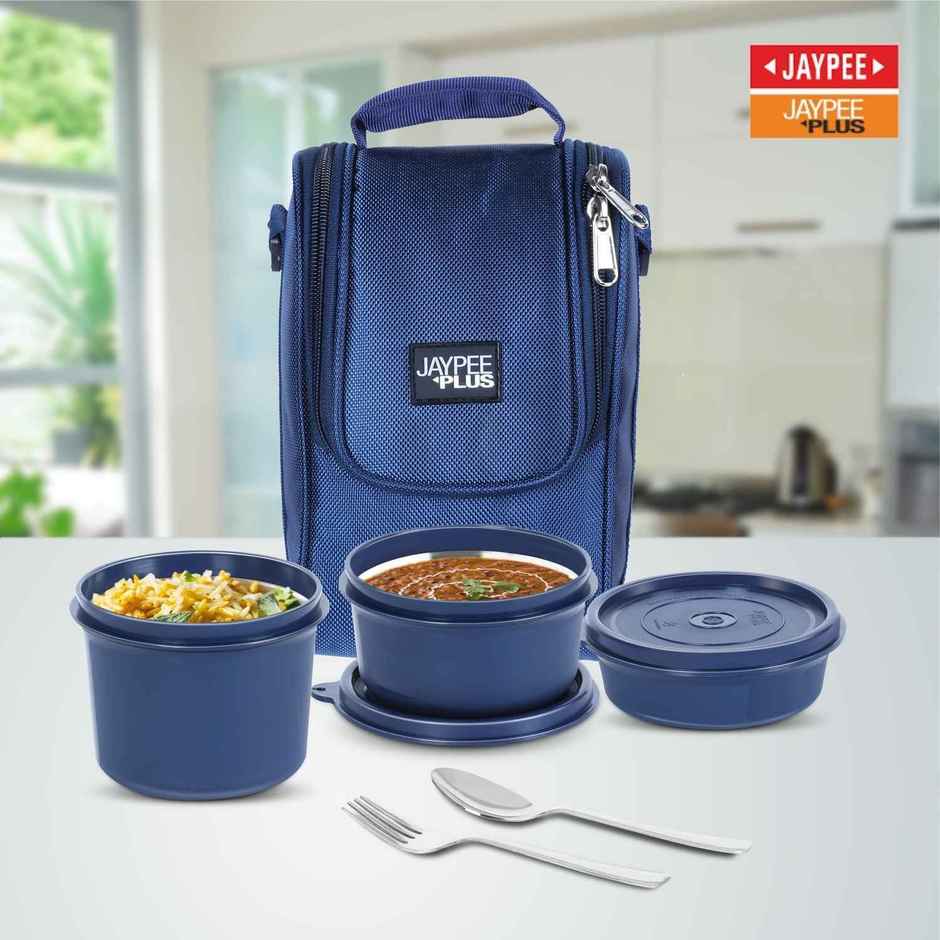 Jaypee Plus Homely Lunch Box | 3 Microwave Safe Air Tight Containers | Blue | 230ml, 390ml and 570ml